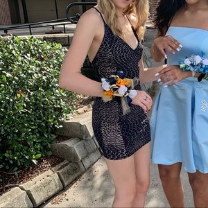 navy blue homecoming/party dress with gold glitter